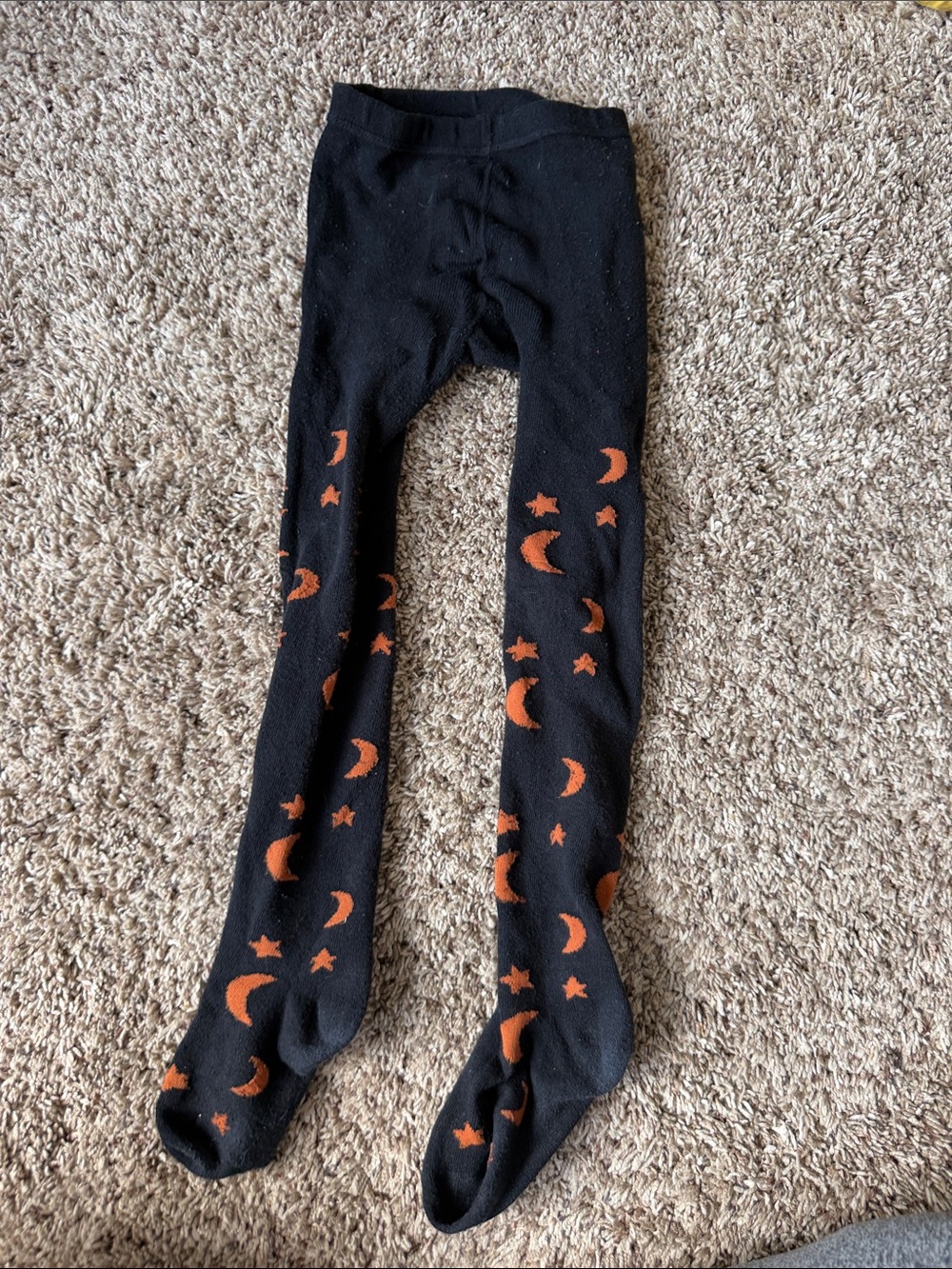 Black Kids Tights with Orange Moon & Star Motif
